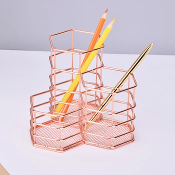 

Nordic Metal Pen Holder Rose Gold Desktop Pencil Storage Holder Stationery Makeup Brush Storage Box Office Organizer Accessories