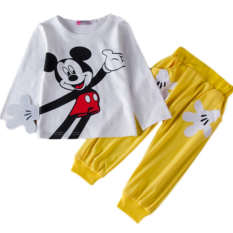 Одежда для маленьких девочек детский спортивный костюм с Микки Одежда для мальчиков летняя одежда с длинными рукавами для малышей комплекты детской одежды из двух предметов для детей 1, 2, 3, 4 лет - Цвет: Цвет: желтый