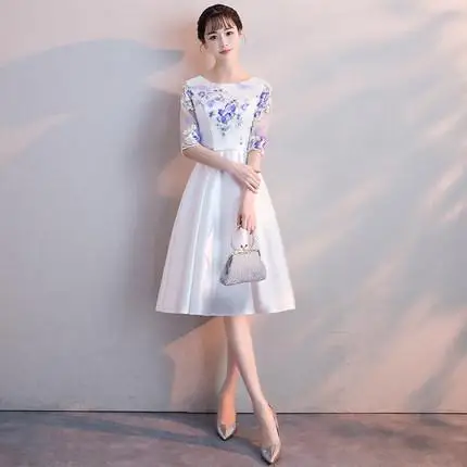 Young Lady Cheongsam Half Sleeve Midi Formal Party Dress With Bow Sexy Vestidos Chinese Mandarin Collar Evening Party Gown - Цвет: Light Blue Midi