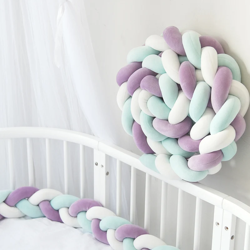 green purple white 2 м Длина Новорожденный ребенок кровать бампер чистый плетение плюшевый узел кроватки бампер детская кровать защита для кроватки Декор детской комнаты - Цвет: green purple white
