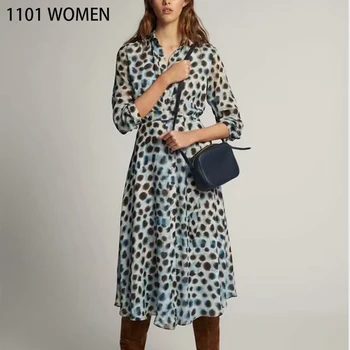 

ZA NEW summer spring women colourful printed sashes long sleeve turn-down collar knee-length dress female fashion clothes