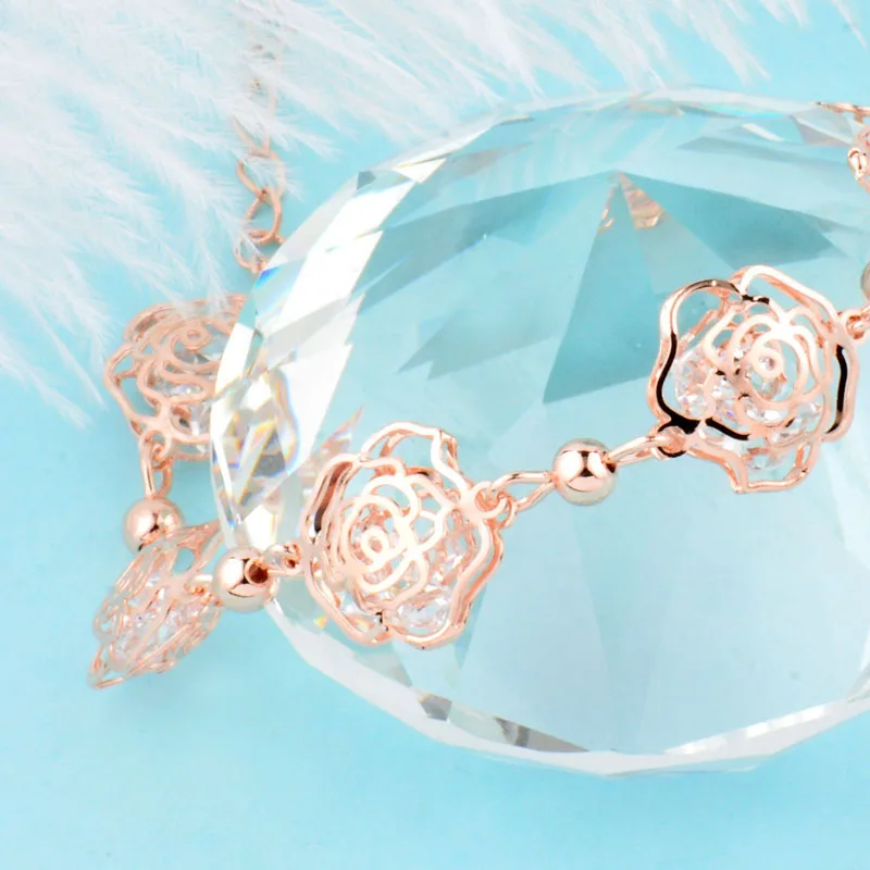 SINLEERY Rose Flower Hollow Bangle For Women Rose Gold Silver Color Inlay Crystal Small Beads Girl Bracelet Jewelry SL418 SSB
