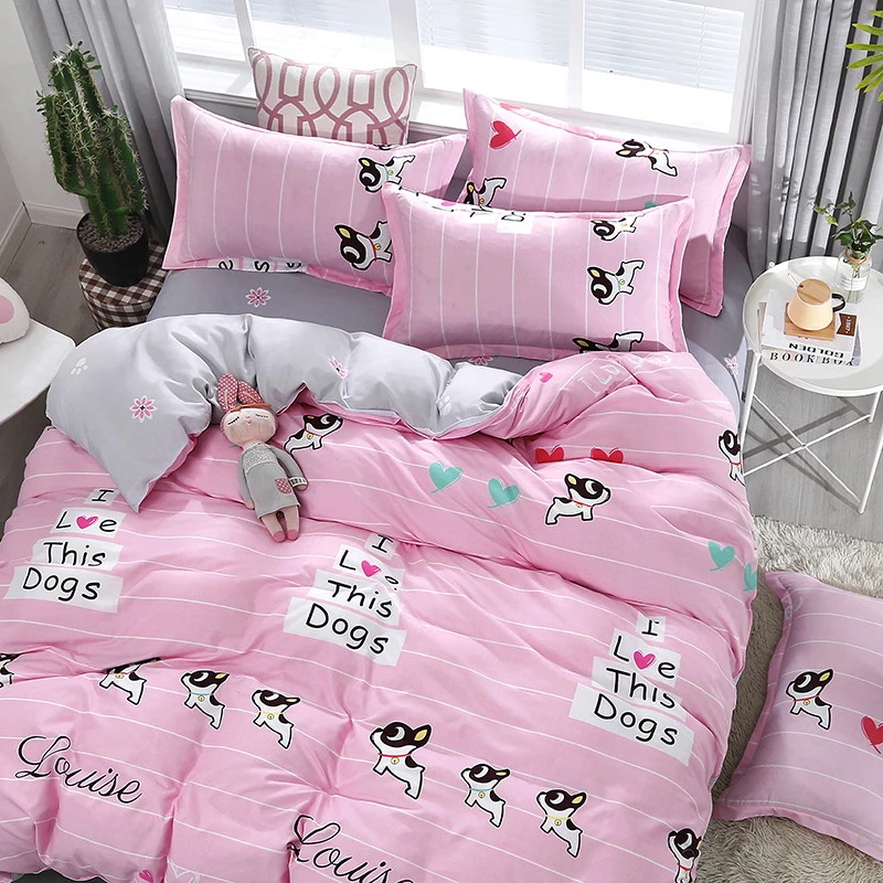 

Classic pink style I love this dogs bed linen bedding set home flat sheet duvet cover sets pillowcase single,4pcs king queen