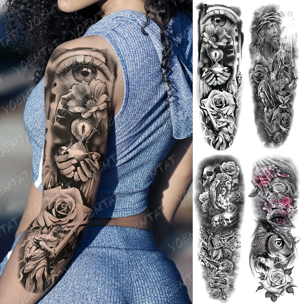 Large Arm Sleeve Tattoo Hourglass Rose Eye Waterproof Temporary Tatto Sticker Angel Owl Body Art Full Fake Tatoo Women Men Temporary Tattoos Aliexpress
