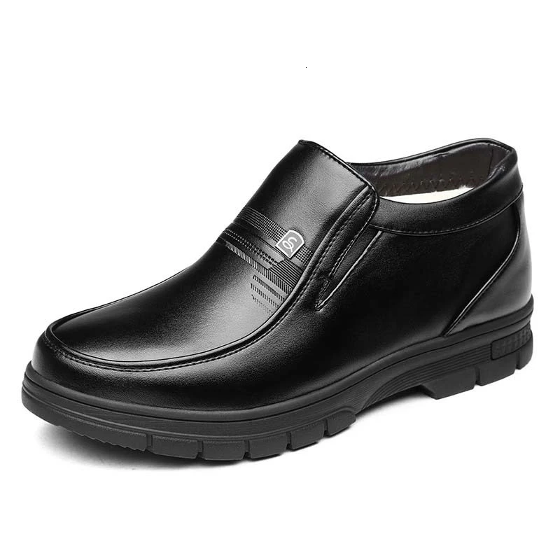 Зимние мужские ботинки; теплые плюшевые мужские ботинки с мехом; кожаные ботильоны из микрофибры; Роскошная обувь в британском стиле высокого качества - Цвет: black slip-on