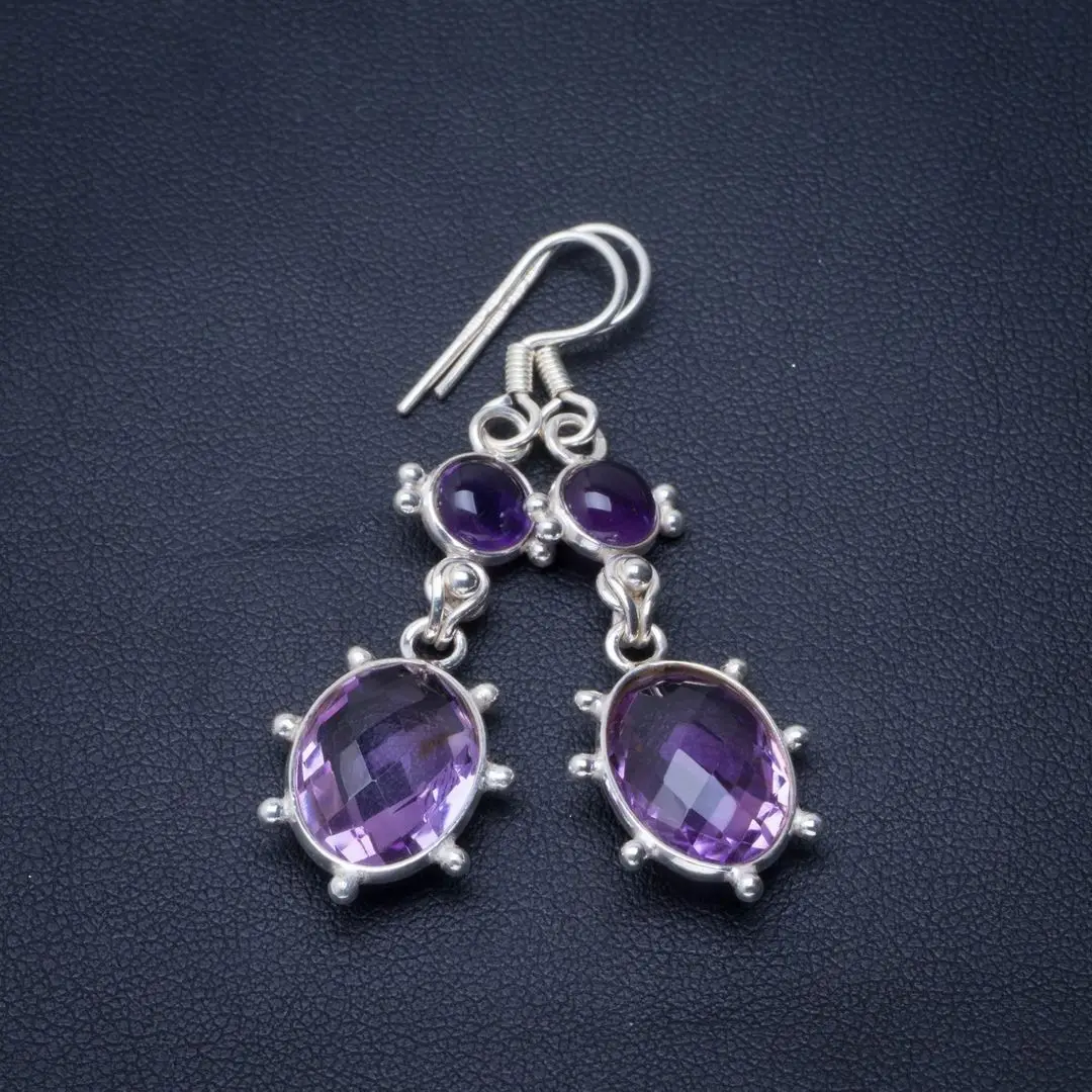 

Natural Amethyst Handmade Unique 925 Sterling Silver Earrings 2" B2076