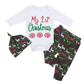 

OKLADY New Born Baby Clothes Set Christmas Autumn Outfit My 1st Christmas Letter Print Infant Clothes Xmas Romper+Pants+Hat 24M