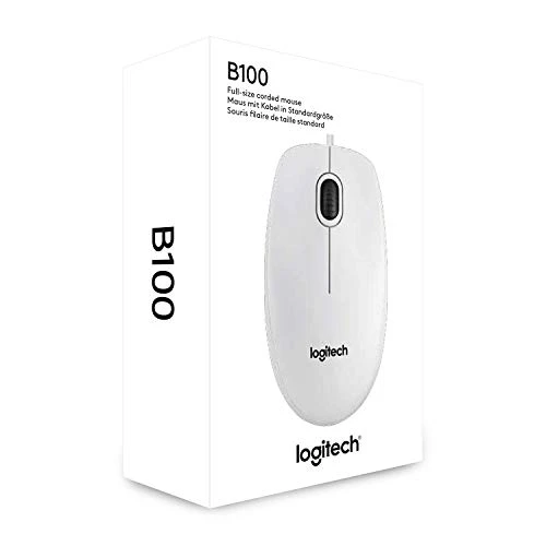 Logitech B100 Wired Mouse, 3 Buttons, Optical Tracking, White - Mouse -
