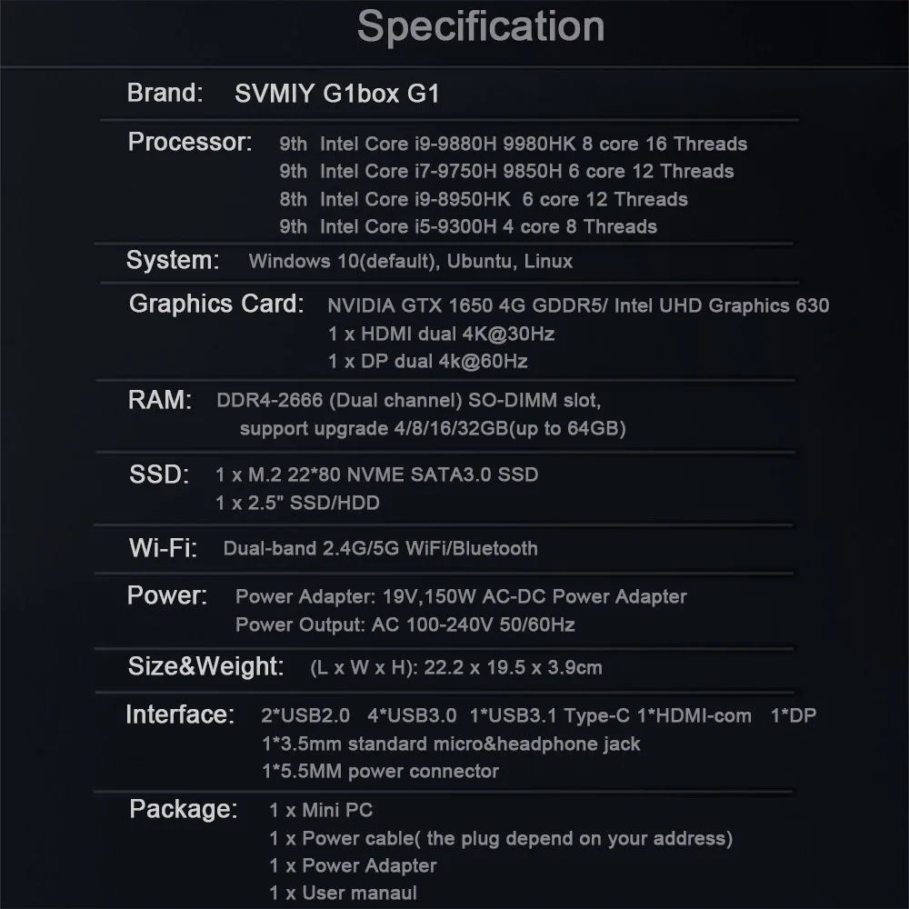 Gaming Mini PC Intel Core i9 9880H Nvidia GTX 1650 4G Graphics 2DDR4 SSD i5 9300H i7 9750H Windows10 Linux PUBG GTA5 HDMI DP