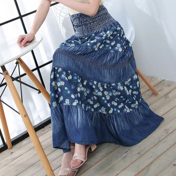 

Summer Denim Long Skirts Womens Elastic Waist Pleated Boho Floral Maxi Skirt A-Line Vintage Jeans Skirt For Women ZKI04