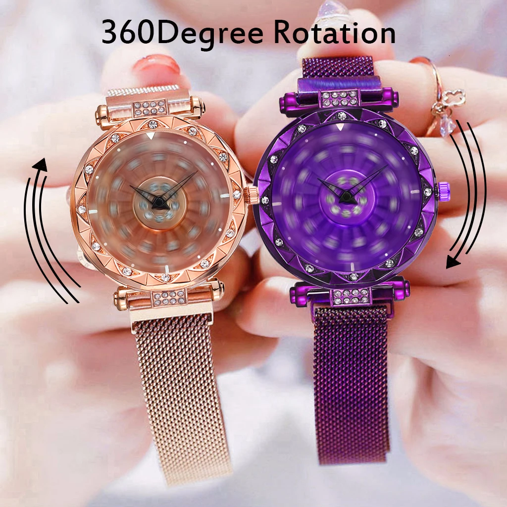 Women Magnet Buckle Rotating Diamond Dial Watch Luxury Ladies Stainless Steel Quartz Watch Clock Relogio Feminino