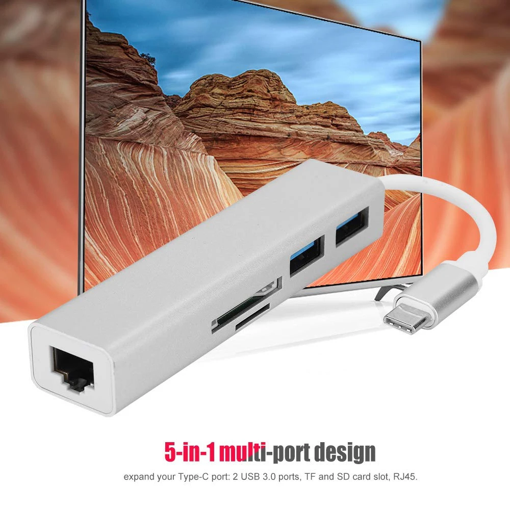 ASHATA USB C адаптер переменного тока, 5-в-1 Тип с разъемами типа C и RJ45 1000M+ USB3.0* 2+ TF+ SD конвертер адаптер Hub, USB3.0 концентратор расширить свой Тип-C Порты и разъёмы