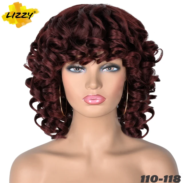 Short Hair Afro Curly Wig With Bangs Loose Synthetic Cosplay Fluffy Shoulder Length Natural Wigs For Black Women Dark Brown 14