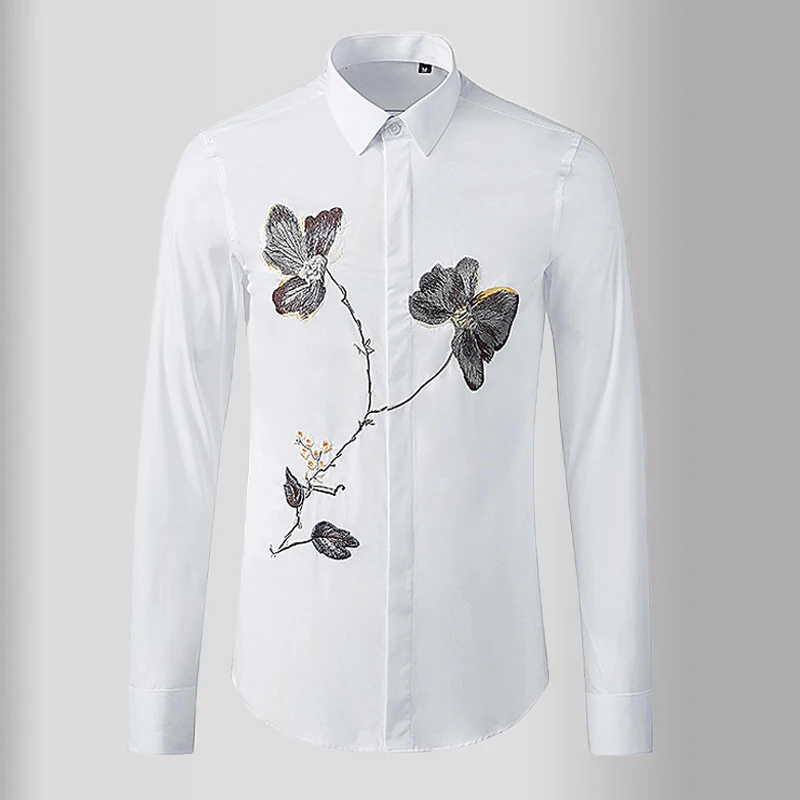 White Mens Shirts Luxury Flower Embroidery Long Sleeve Casual Mens