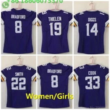 Миннесота,, качественная женская футболка 8 Sam Bradford 14 stefon diggs 19 adam thilen 22 Harrison Smith 33 Dalvin Cook