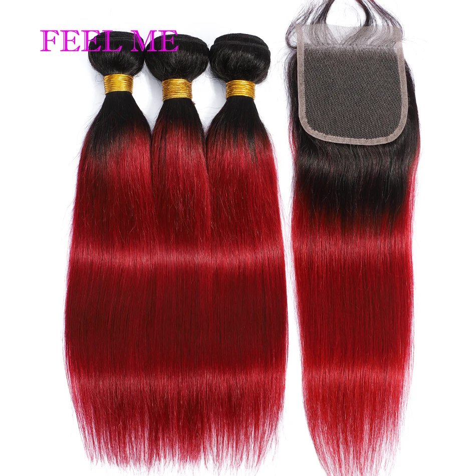 

FEELME Peruvian Straight Bundles With Closure #1b Burgundy Ombre Human Hair Bundles With Closure 3 Bundles With Closure RemyHair