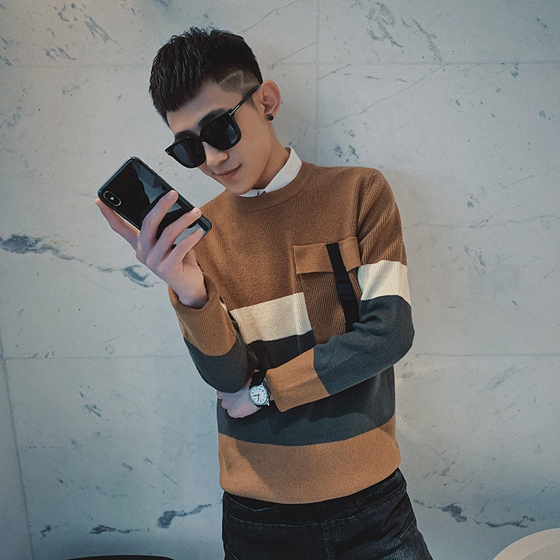

Winter Sweater Men's Slim Warm Fashion Contrast Color Casual O-neck Knitted Pullover Man Wild Long-sleeved Sweater Male Clothes