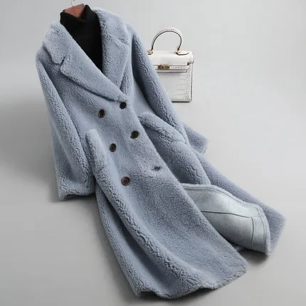 Light blue Новинка зимы Для женщин стрижки овец пальто с мехом с длинным рукавом гранулы шерстяная куртка с мехом длинная двубортная верхняя одежда Для женщин пальто прилив - Цвет: Light blue