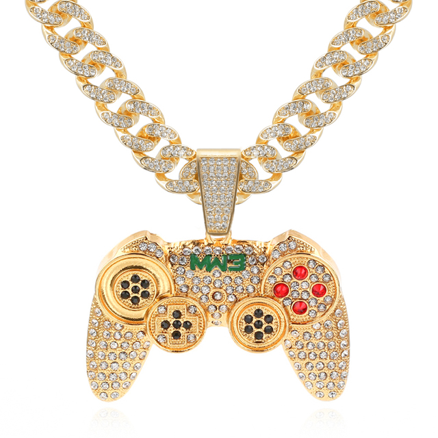 Cuban Necklace Iced Out Link Chain Game Controller Handle Pendant Necklace for Women Men Gold Color Hip Hop Jewelry