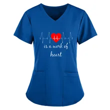 Blouse Working-Uniform Women Short-Sleeve Pocket V-Neck Red Tops Heart-Print -Ab40