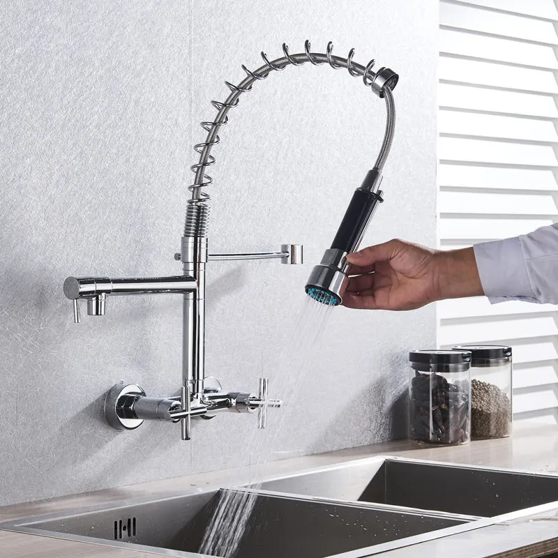 dual handle Spring Kitchen Faucet 2 spout hot Cold Water Washing Wall Mount mixer Tap 360 degree rotation
