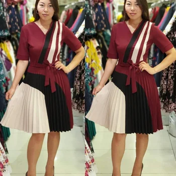 

New V Neck African Striped Printing Dashiki Dresses Elegant Fashion Office Party Contrast Color Tunic Slim Belted Pleated Dress