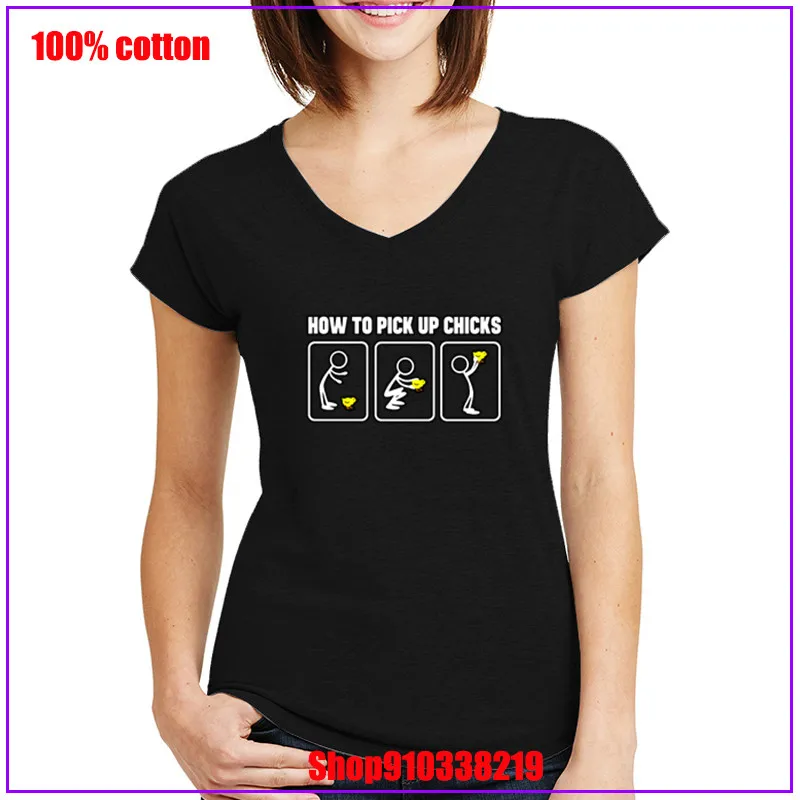 Funny T Shirt How To Pick Up Chicks Short Sleeve High Quality Cotton Breathable Soft V Neck T-shirt Summer Basic Tops | Женская одежда