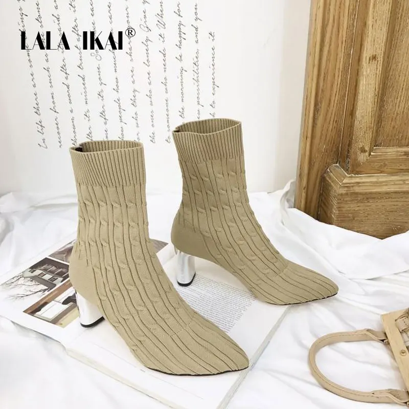 LALA IKAI Women Black Ankle Boots Slip-on Chunky Heels Boots Stretch Fabric Sock Pumps Female Knitted Pointed Toe Boots WC5500-4 - Цвет: Apricot