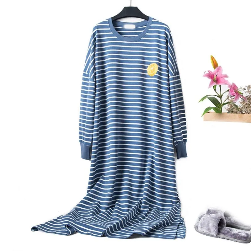 Striped Fruit Flower Nightgown Embroidery Round Neck Long Sleeve Night Gown Oversized Woman Sleepwear | Женская одежда