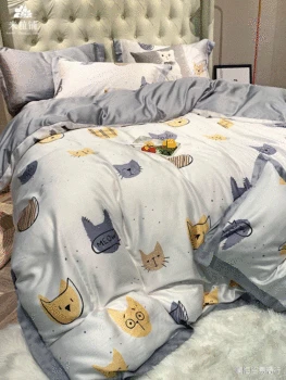

Spring Summer Double-Sided 60 Tencel Four-piece Set Kitten Printed Cartoon Cute Child Models Quilt Cover Bedding Article