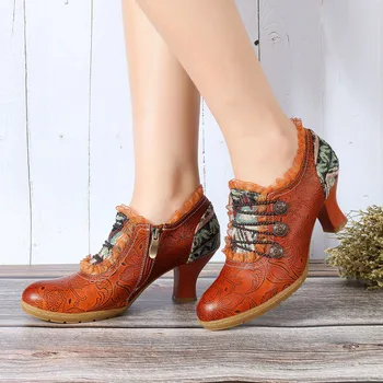 

QPFJQD 2020 New Spring Autumn Ladies Genuine Leather Ankle Shoes Vintage Lace Up Zipper Retro Pumps Women Casual Shoes