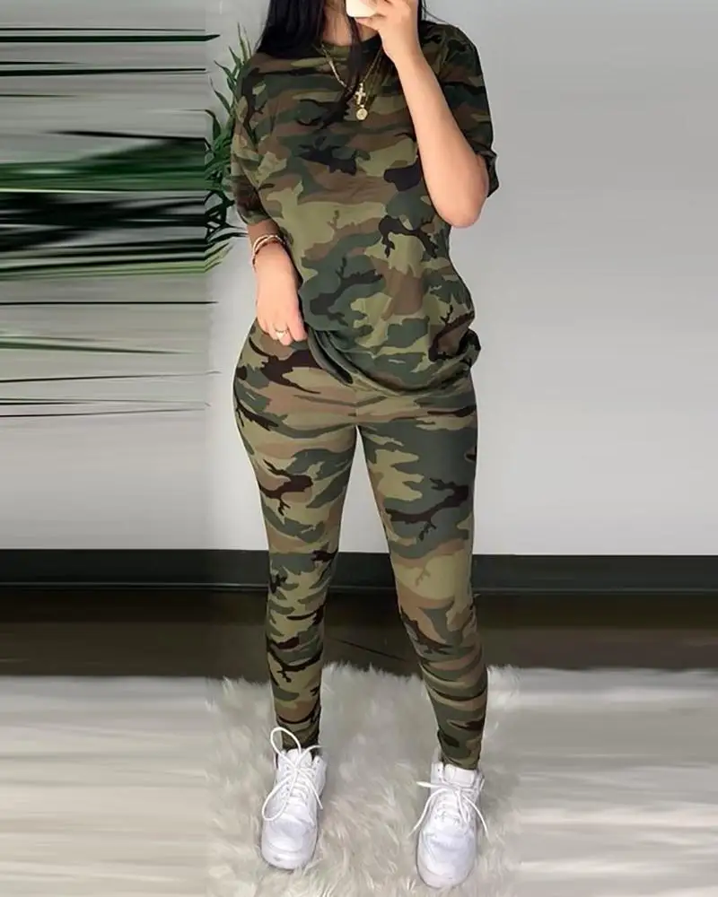 2020 Women Fashion Casual Two Piece Set  Suits Set Sportwear Female Autumn Clothes Camouflage Half Sleeve Top & Fitted Pants Set