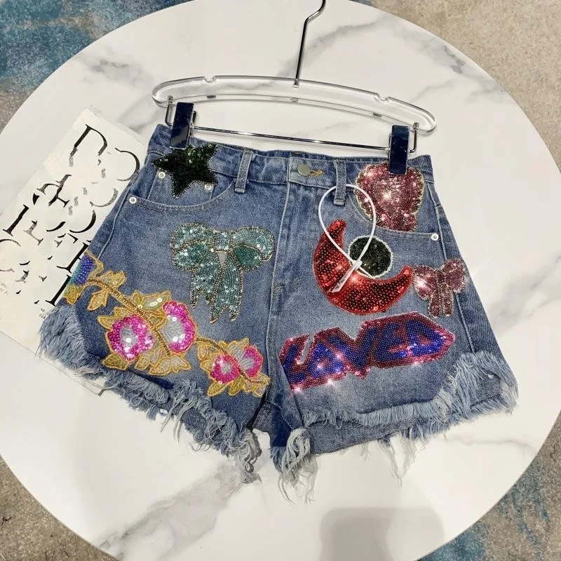 new-fashion-embroidery-design-straight-shorts-sequins-letter-burrs-zippers-korean-style-denim-shorts-high-quality-casual-shorts