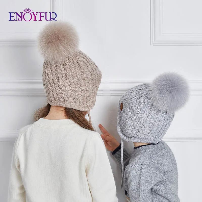 ENJOYFUR от 2 до 8 лет, детская шапка, детские зимние шапки для девочек и мальчиков, хлопковая плотная теплая вязаная шапочка с ушками, шапка с помпоном из лисьего меха