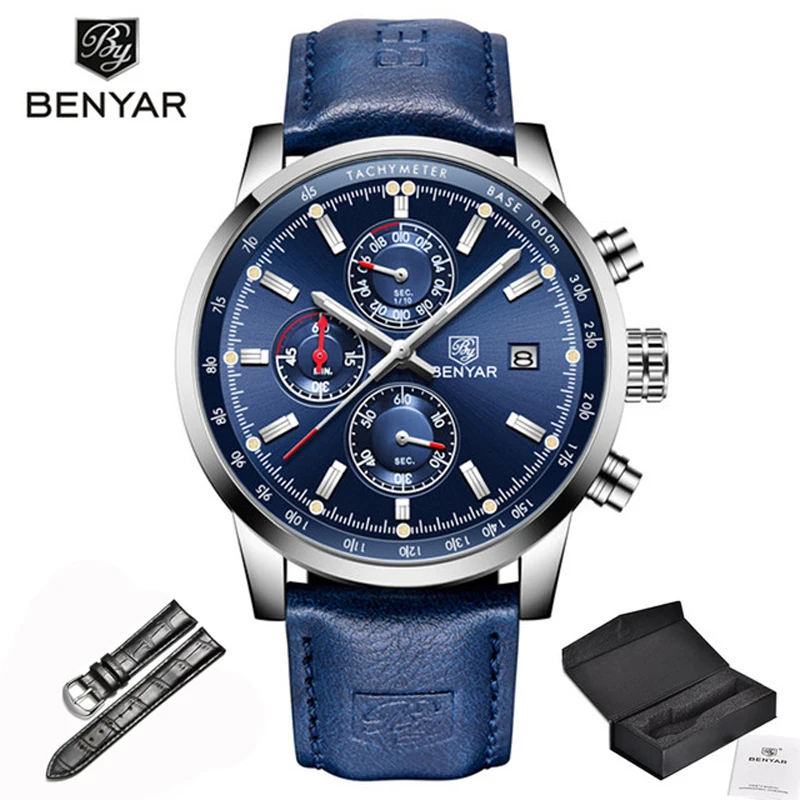 Blue BENYAR часы мужские роскошные брендовые кварцевые часы модные хронограф часы Reloj Hombre спортивные часы мужские часы Relogio Masculino - Цвет: Blue
