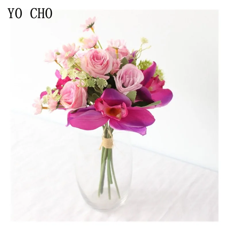 Йо Чо Букет искусственного шелка роза цветок невесты Свадебный букет Орхидея помпон цветок шампанское невесты Выпускной Свадебные принадлежности