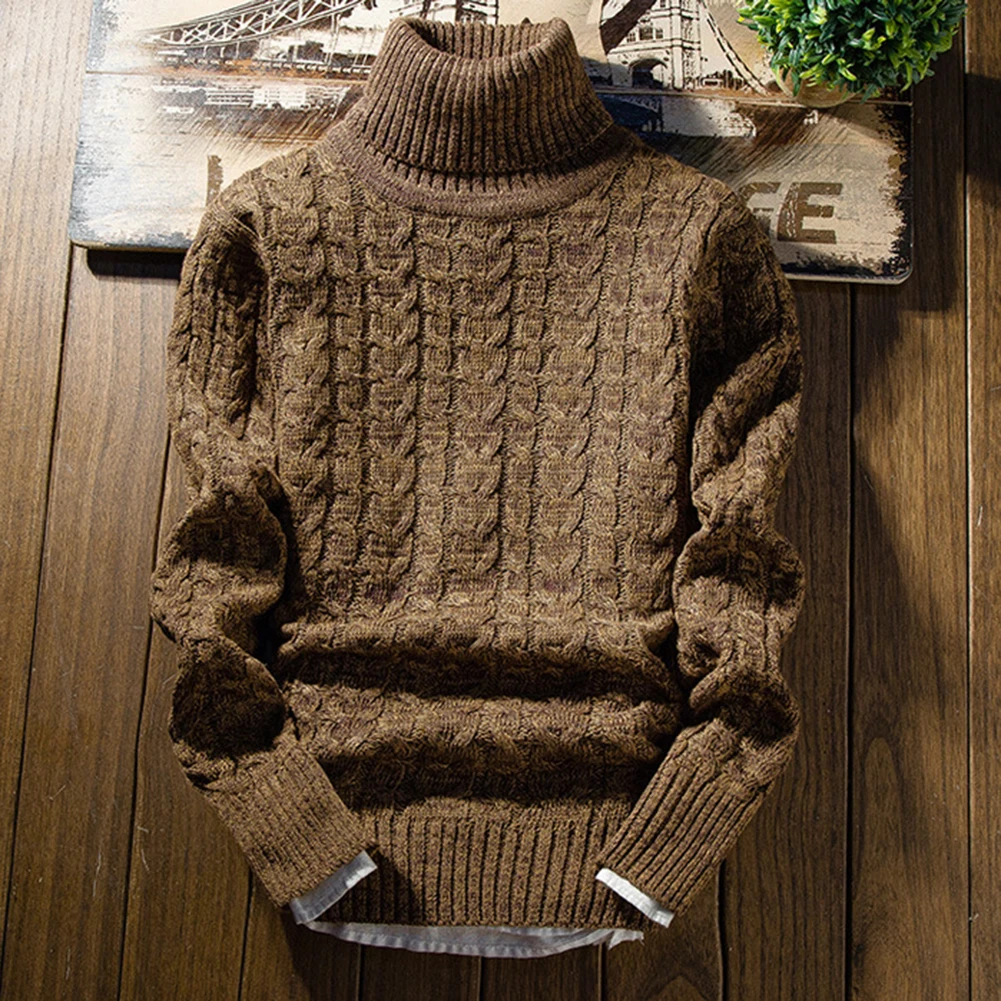 Casual Men Solid Color Winter Turtle Neck Long Sleeve Twist Slim Knitted Sweater - Image 5
