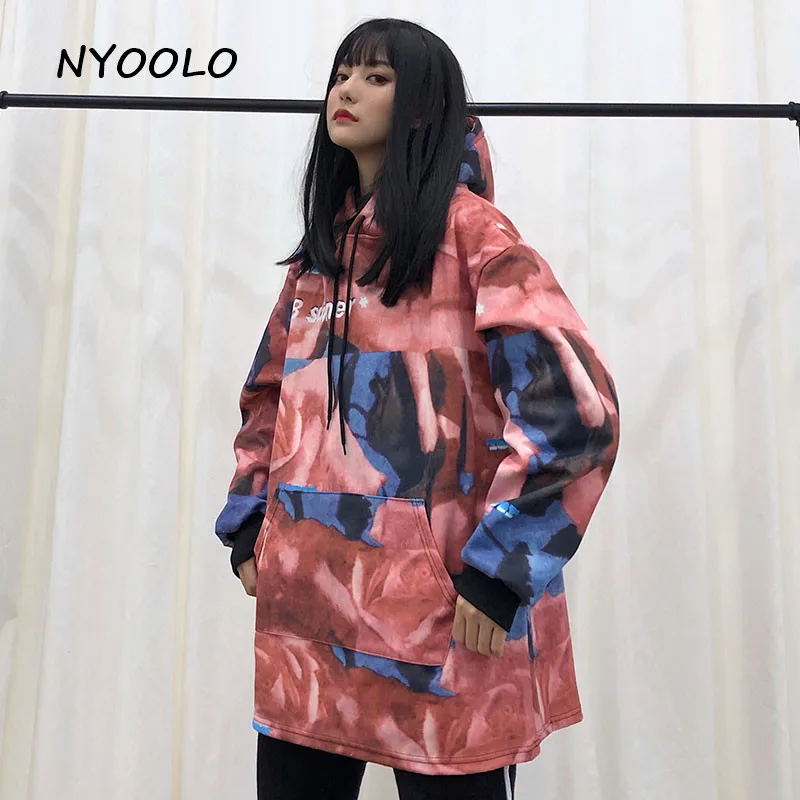 NYOOLO Harajuku стиль уличные цветы печати свободные толстые теплые толстовки осень зима с длинным рукавом капюшоном Пуловеры Толстовка для женщин