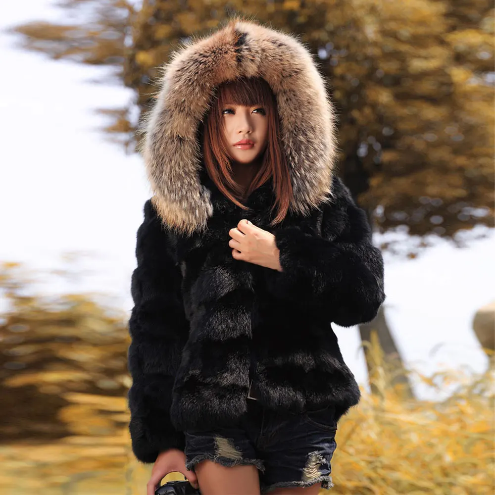 Black A Style Женская Шуба из натурального кролика и енота с капюшоном, зимняя верхняя одежда - Цвет: Black A Style