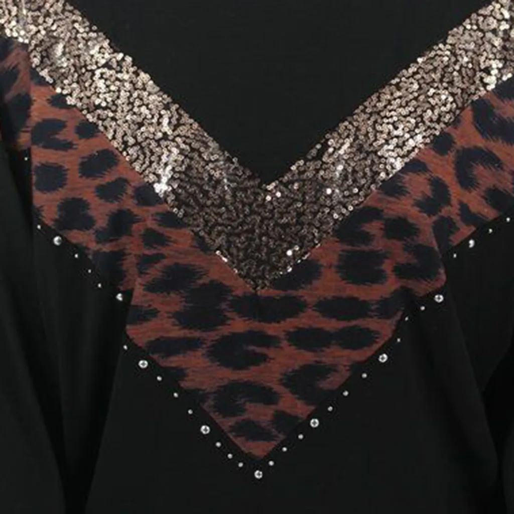 Дамская расшитая блестками леопардовая прошитая блузка Черная Толстовка с длинным рукавом и круглым вырезом модная весенне-осенняя Женская толстовка