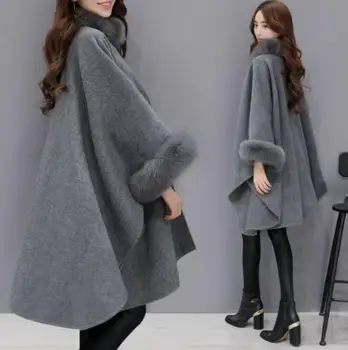 

Elegant Women's Cashmere blend Cloak Fur collar Poncho/Coat/Wraps Winter Outwear