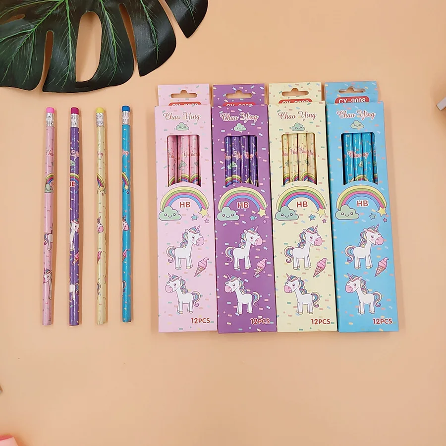 12Pcs Kawaii Unicorn Wooden Student Pencil Cute Candy Color HB Pencils For Kids Gift School Supplies Pencil Novel Stationery