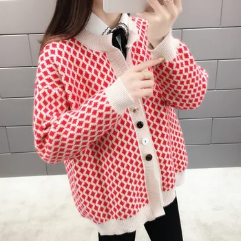 

rhomboid knitting coat female spring new Korean version loose fashion student short sweater cardigan