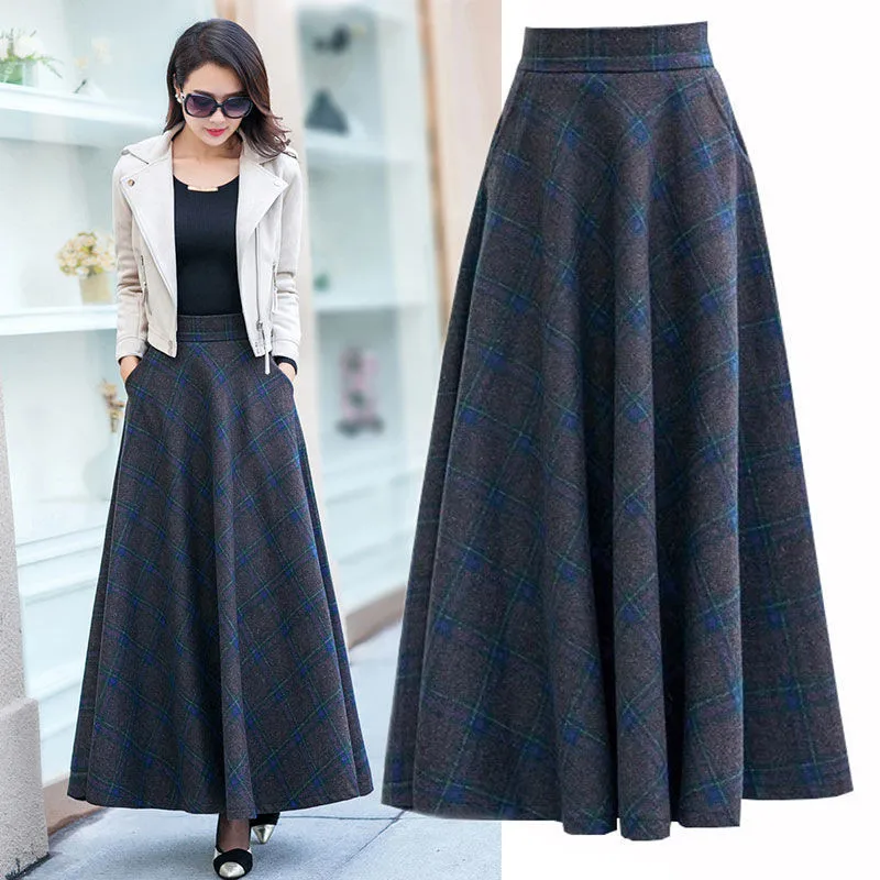 Юбки размера плюс 3XL с завышенной талией faldas mujer moda, Женская шерстяная юбка макси с эластичной резинкой на талии, элегантные офисные женские длинные клетчатые юбки