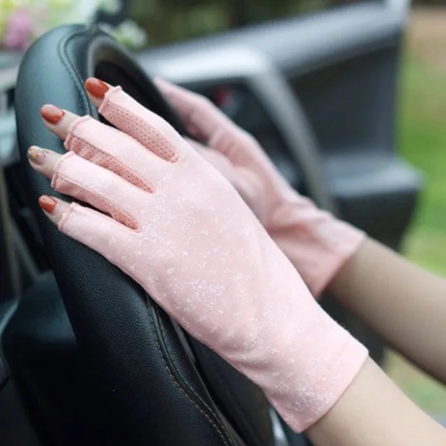 Summer Short Fingerless Anti Skid Cycling Sunscreen Glove Women Cotton Dot Bow Thin Breathable UV Touch Screen Driving Miten J79 12