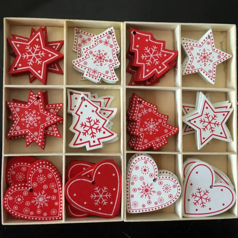 10pc 5cm Red Heart Star Bell Snowflake Christmas Ornaments Pendant Natural Wood Christmas Hanging Confetti Xmas Tree Decorations