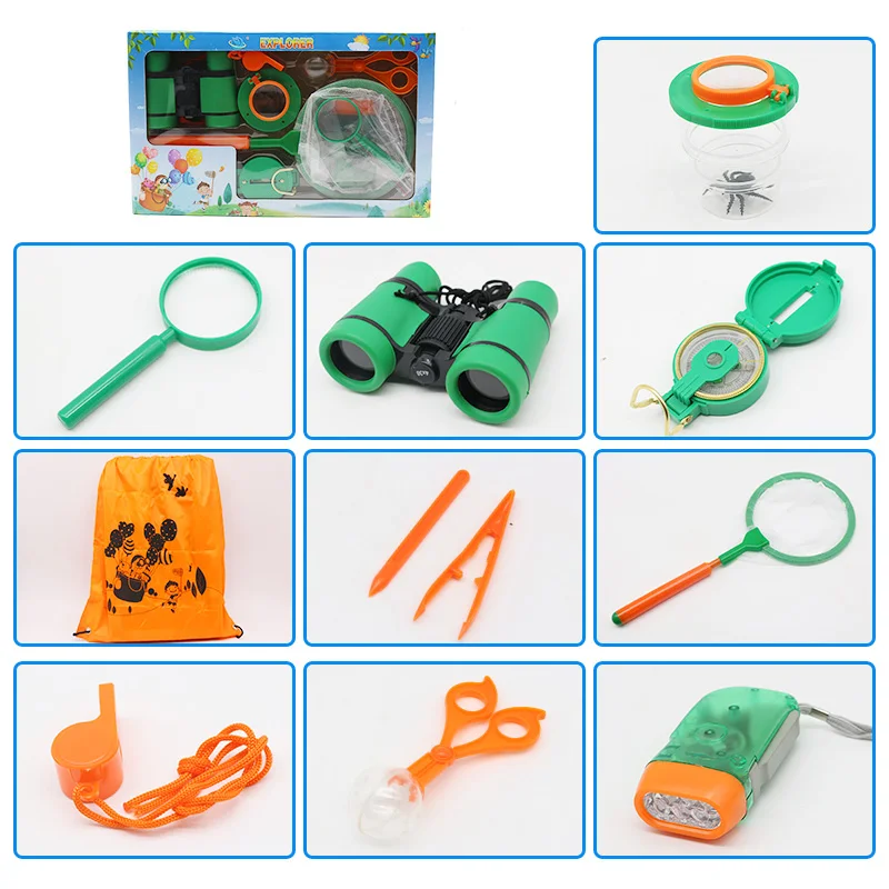 Kids Outdoor Adventure Explorer Equipment Set Binoculars Magnifier Butterfly Net Flashlight Educational Insects Tools Toys Kit