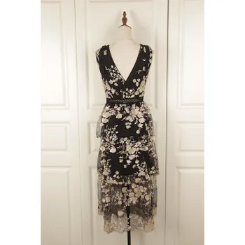 

Vintage Chic Sequins Floral Embroidery Long Dress Elegant Stylish Deep V-Neck Sleeveless Mesh Dresses Casual Ladies Vestidos