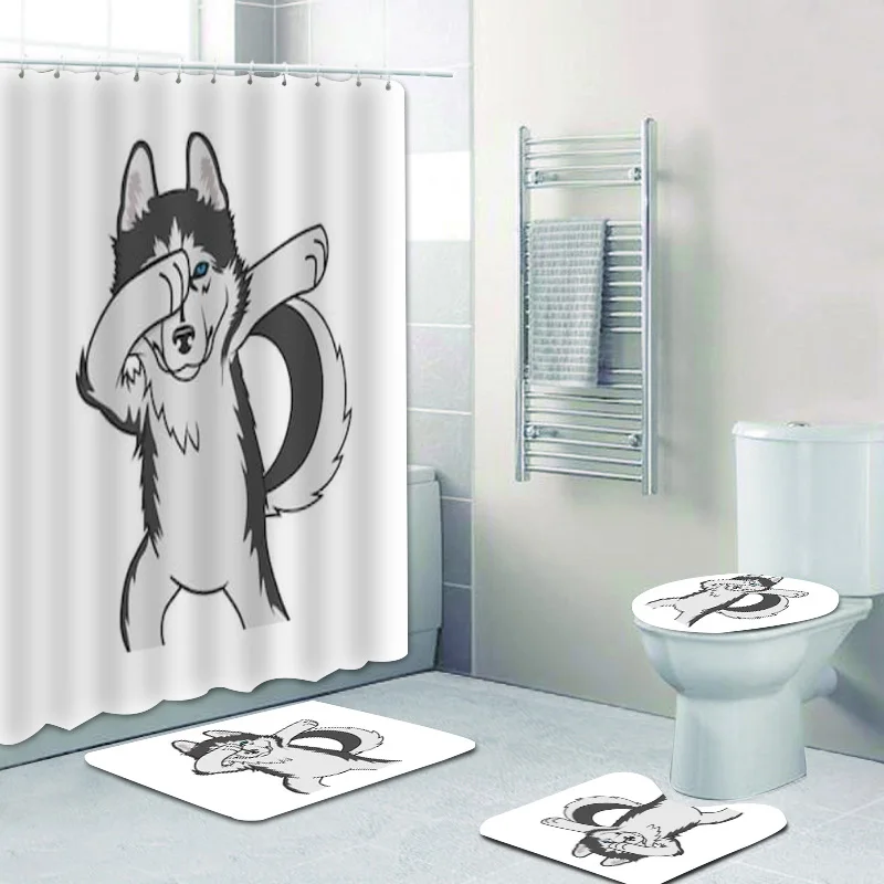 Забавные наборы для ванной комнаты Dab Husky Dog Dabbing с занавеской душа занавеска