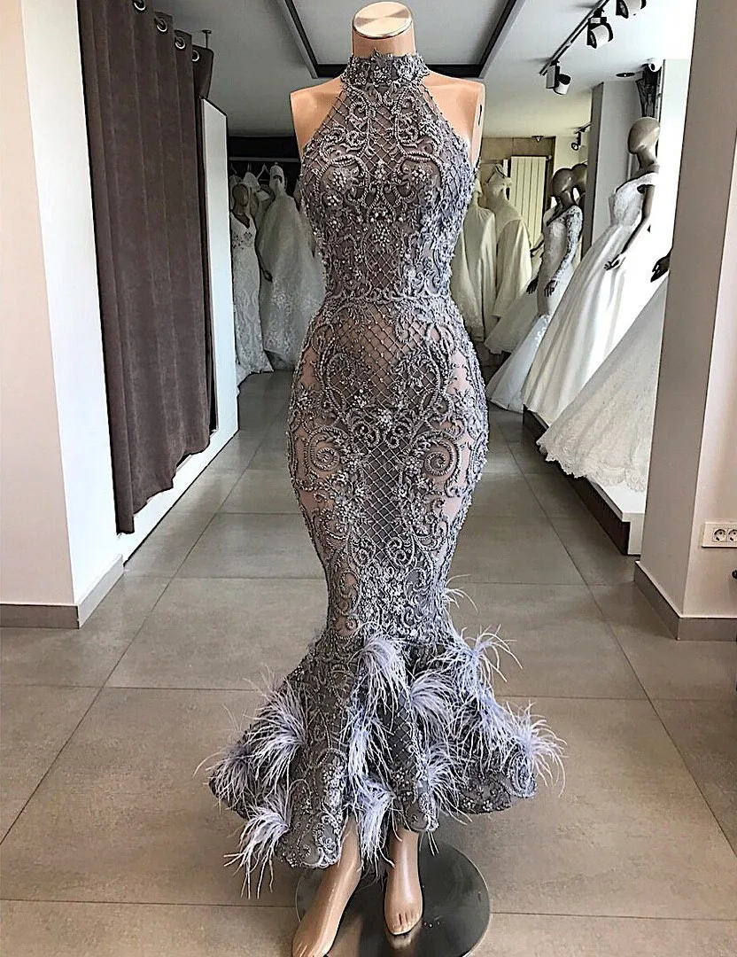 Tea Length Grey Lace High Neck Mermaid Party Prom Dress 2022 with